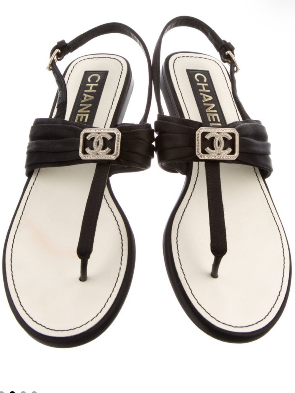 CHANEL Black and Cream Interlocking CC T-Strap Slingback Sandals